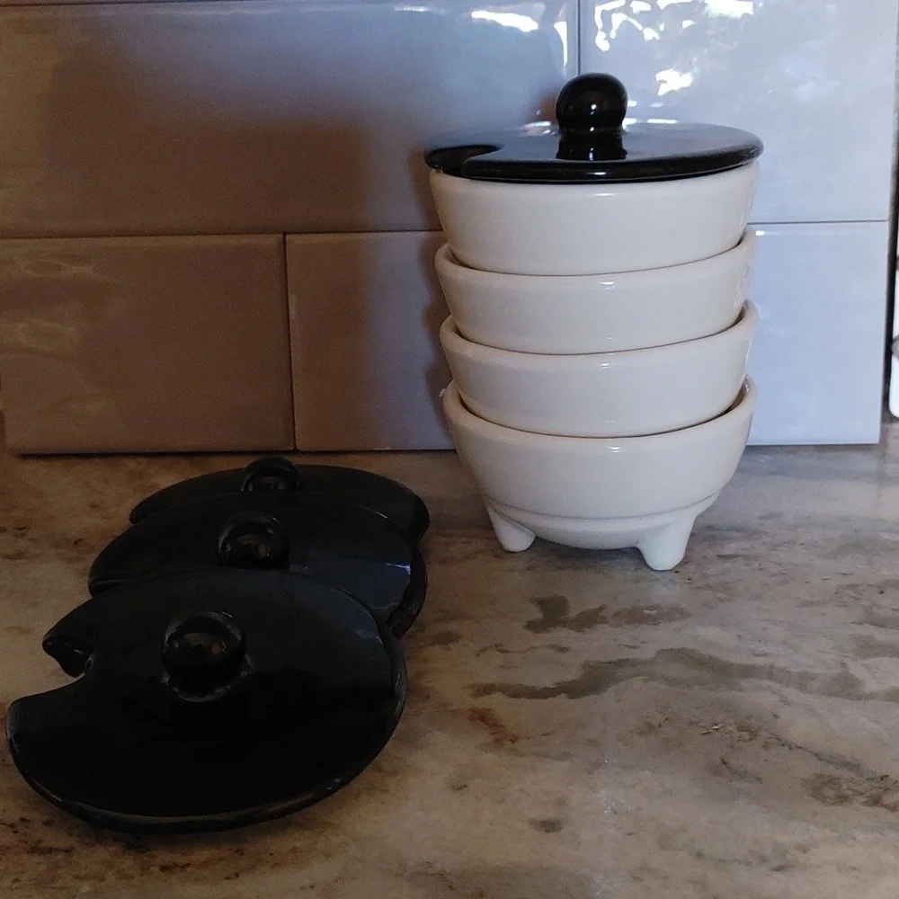4 Vintage Condiment Bowls with Lids 3 Footed Black & Cream